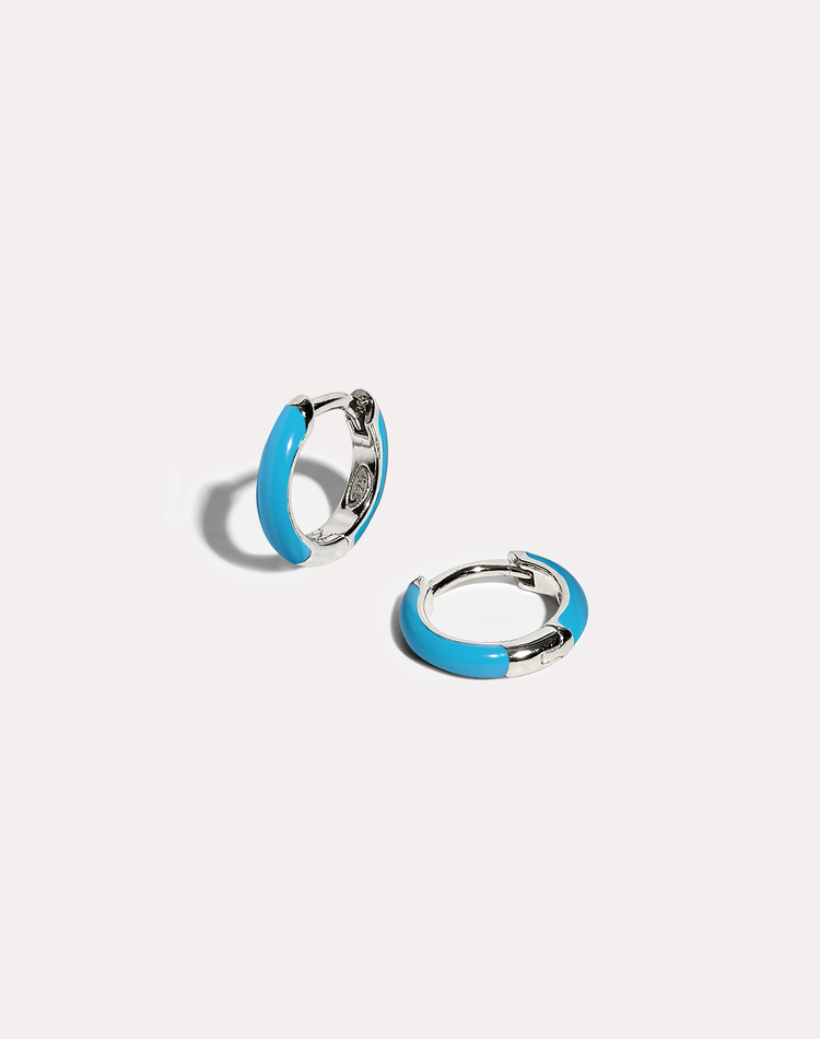 Blue Enamel Silver Hoop Earrings